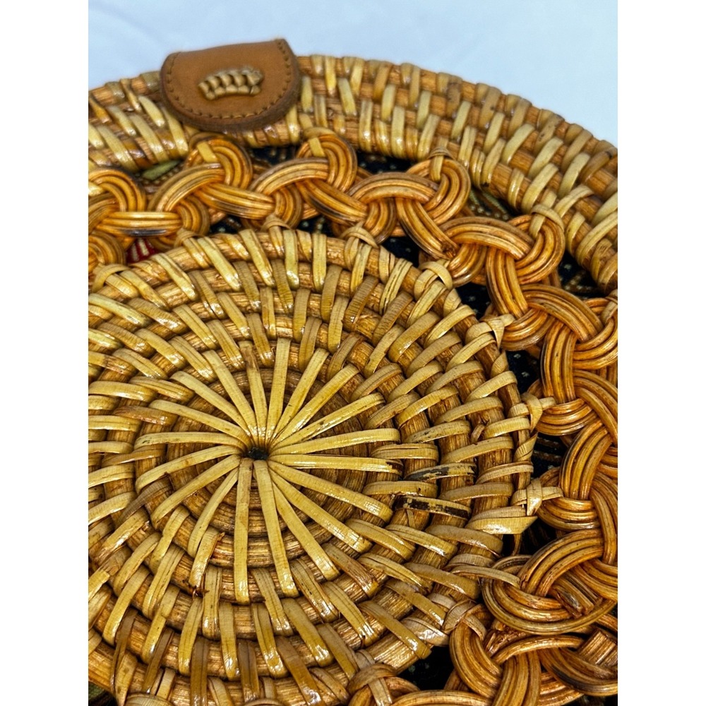 Round Wicker Woven Crossbody Bali Bag purse Baik fabric lining Purse - Picture 6 of 16